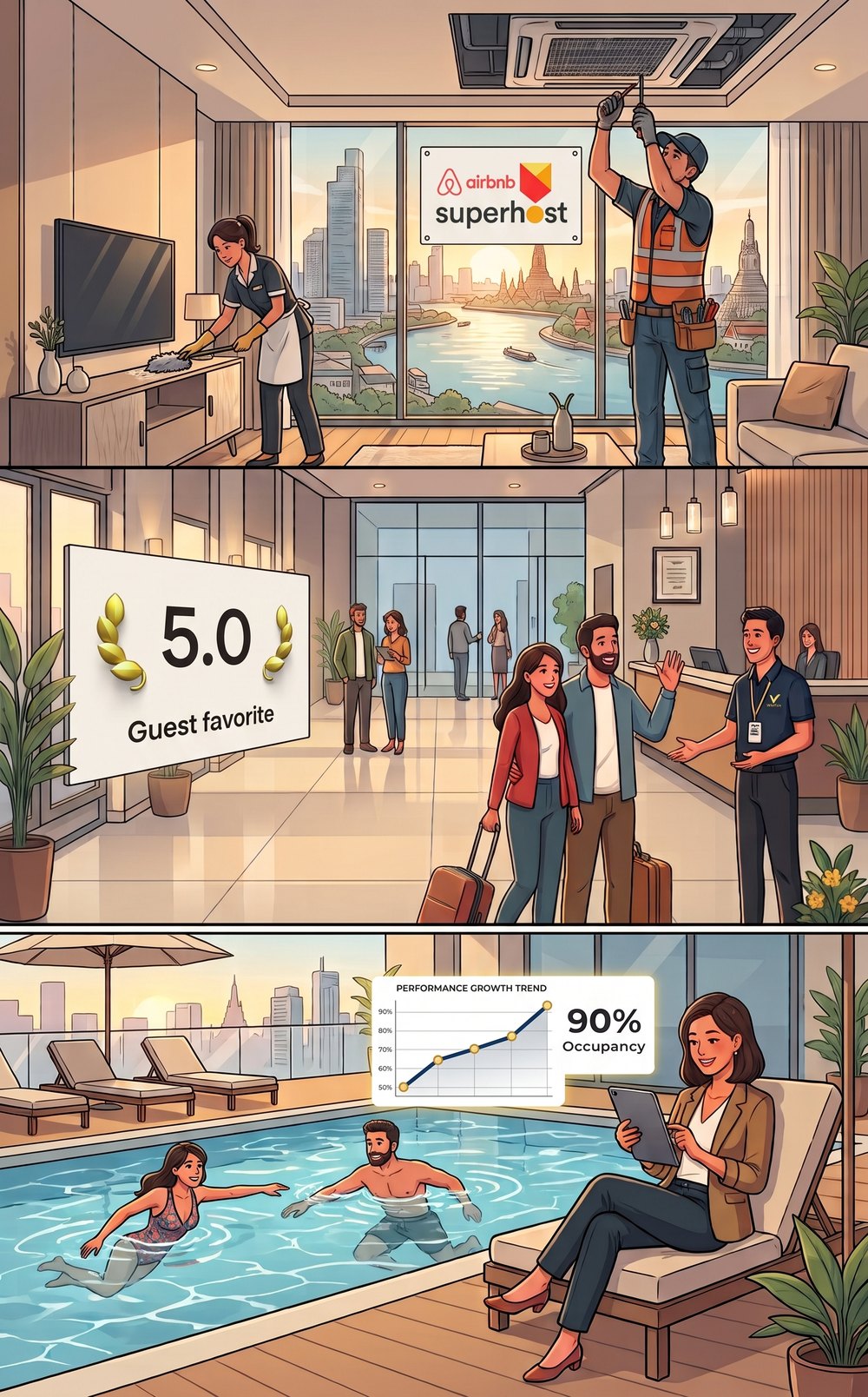 Venture Living managed condo: pool, fitness centre, and guests being welcomed at reception