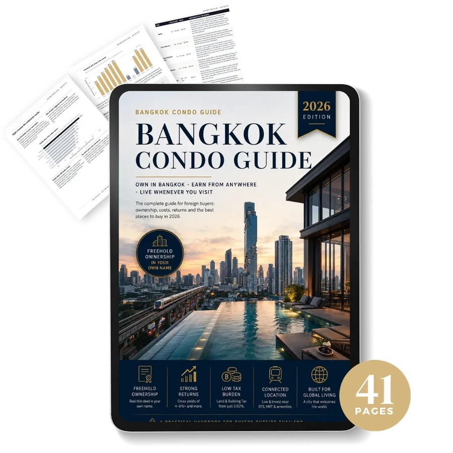 The 2026 Bangkok Condo Guide shown on a tablet with sample pages